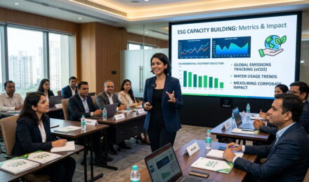 Corporate professionals engaging in an ESG training seminar representing capacity building and corporate sustainability education.