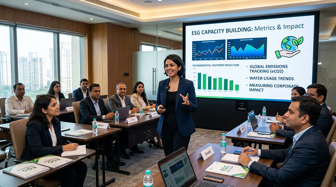 Corporate professionals engaging in an ESG training seminar representing capacity building and corporate sustainability education.