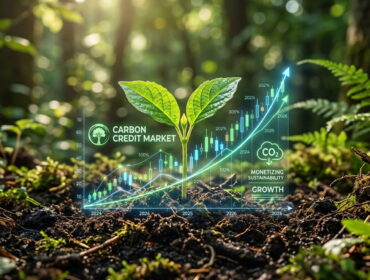 A vibrant green seedling in rich soil surrounded by a glowing transparent financial growth chart, representing the carbon market.