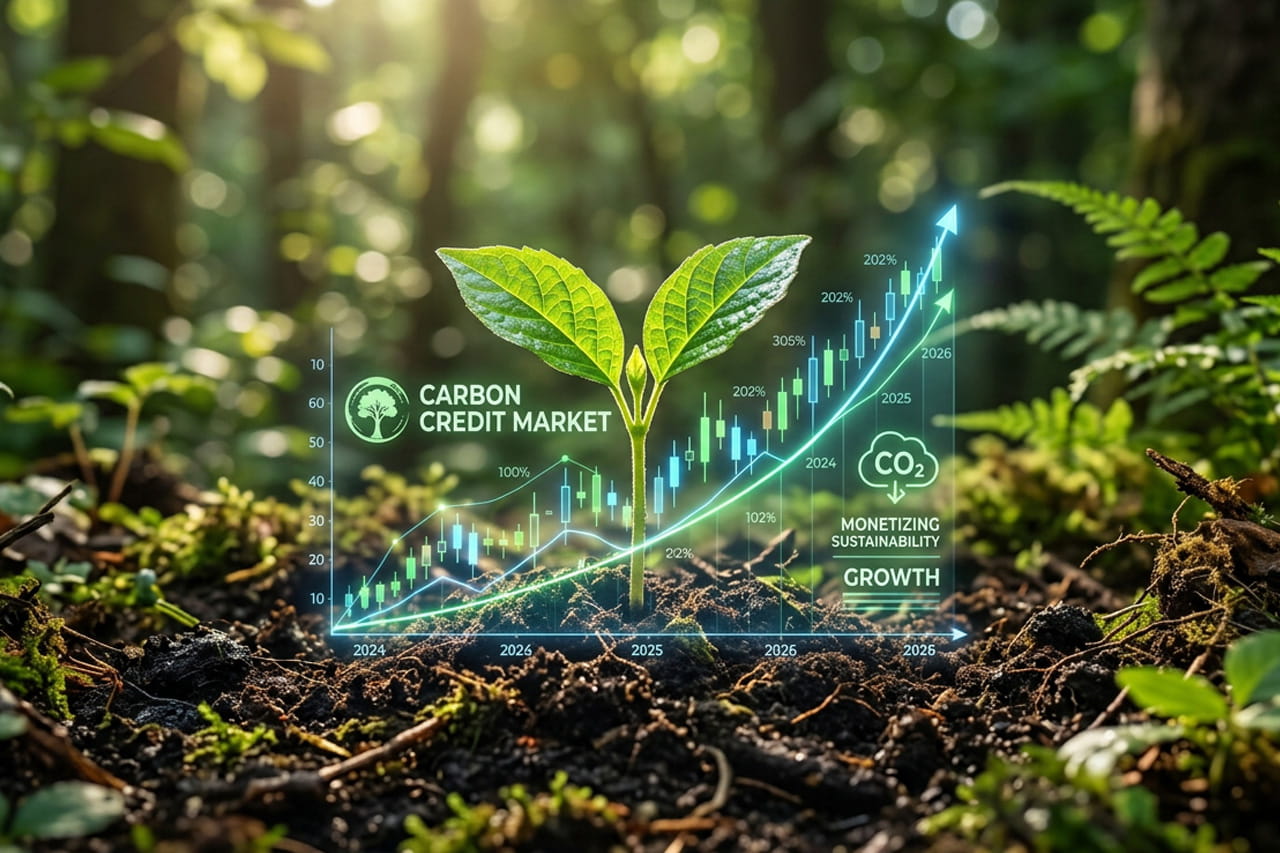 A vibrant green seedling in rich soil surrounded by a glowing transparent financial growth chart, representing the carbon market.