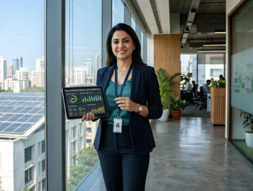 Professional Indian sustainability consultant holding a digital tablet, representing strategic carbon management and emission reduction.