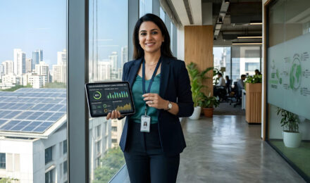 Professional Indian sustainability consultant holding a digital tablet, representing strategic carbon management and emission reduction.