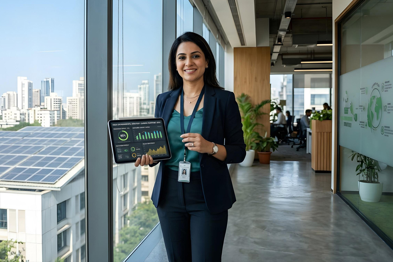 Professional Indian sustainability consultant holding a digital tablet, representing strategic carbon management and emission reduction.