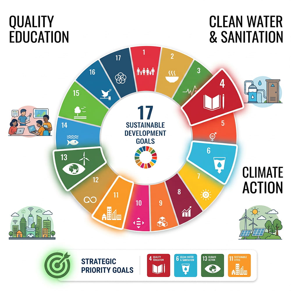 encoraa-esg-indian-oil-water-conservation-unsdg Infographic showing United Nations Sustainable Development Goals including Goal 6 Clean Water and Goal 13 Climate Action for Indian Oil Digboi Refinery water conservation project by Encoraa ESG