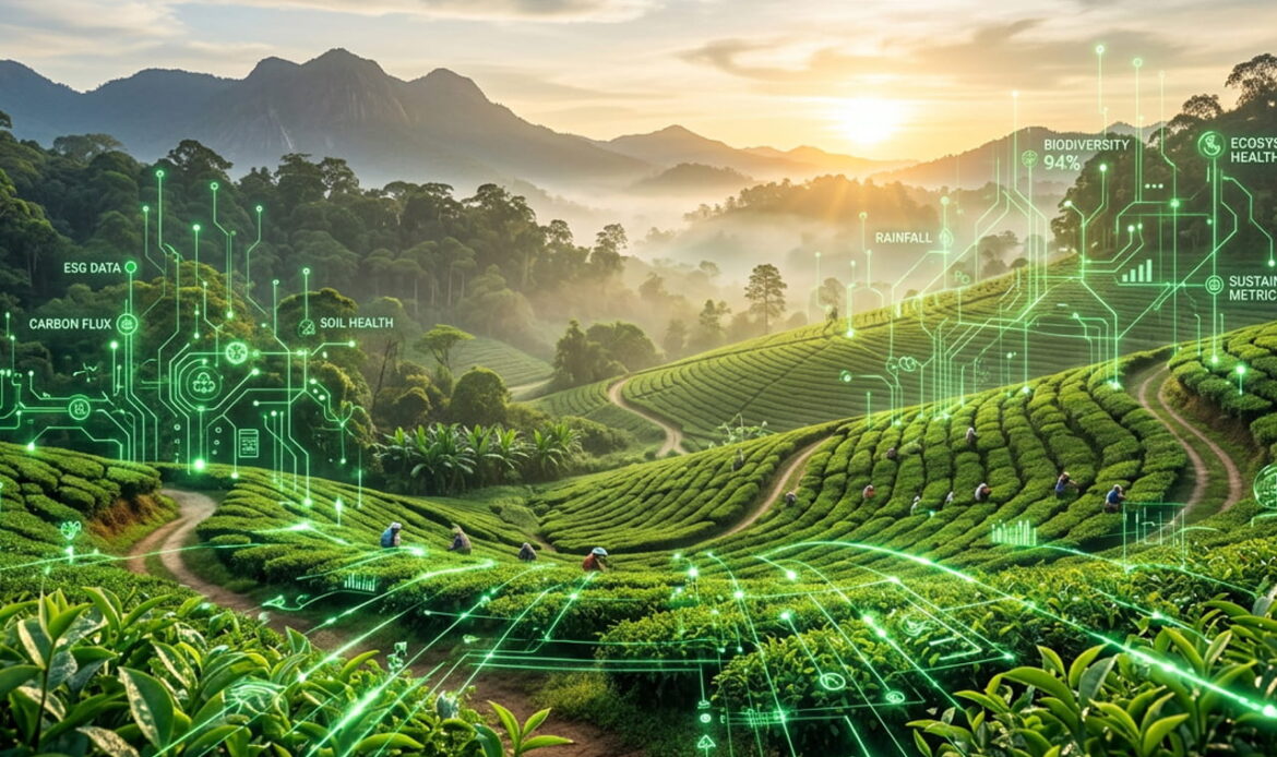 Lush green nature landscape subtly blending with glowing digital data nodes, representing tech-driven environmental reporting.
