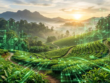 Lush green nature landscape subtly blending with glowing digital data nodes, representing tech-driven environmental reporting.
