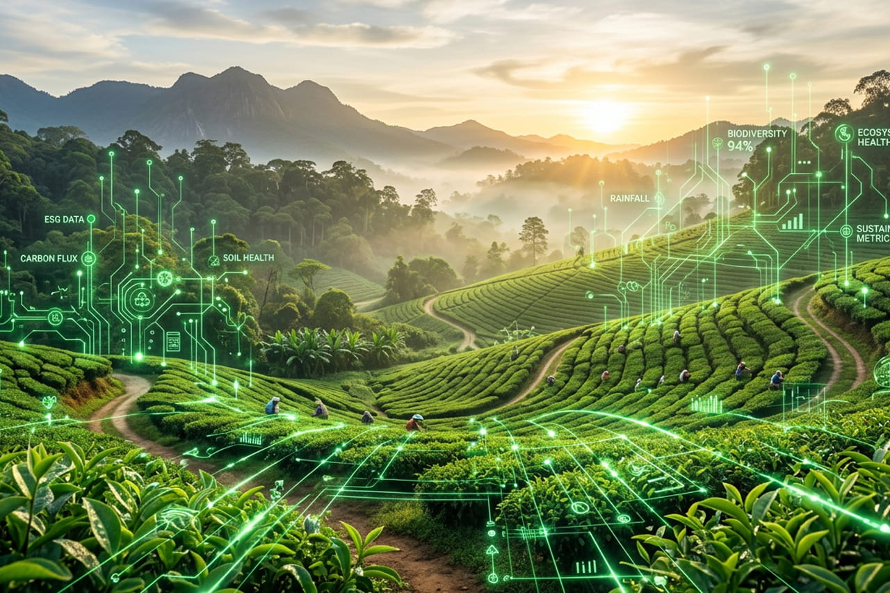Lush green nature landscape subtly blending with glowing digital data nodes, representing tech-driven environmental reporting.