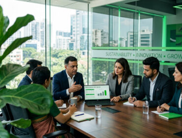 Modern Indian corporate leaders analyzing ESG financial data in a sunlit boardroom, representing sustainable business ROI.