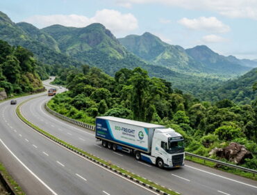 A modern eco-friendly transport truck driving through a lush green mountain landscape, representing sustainable supply chains.
