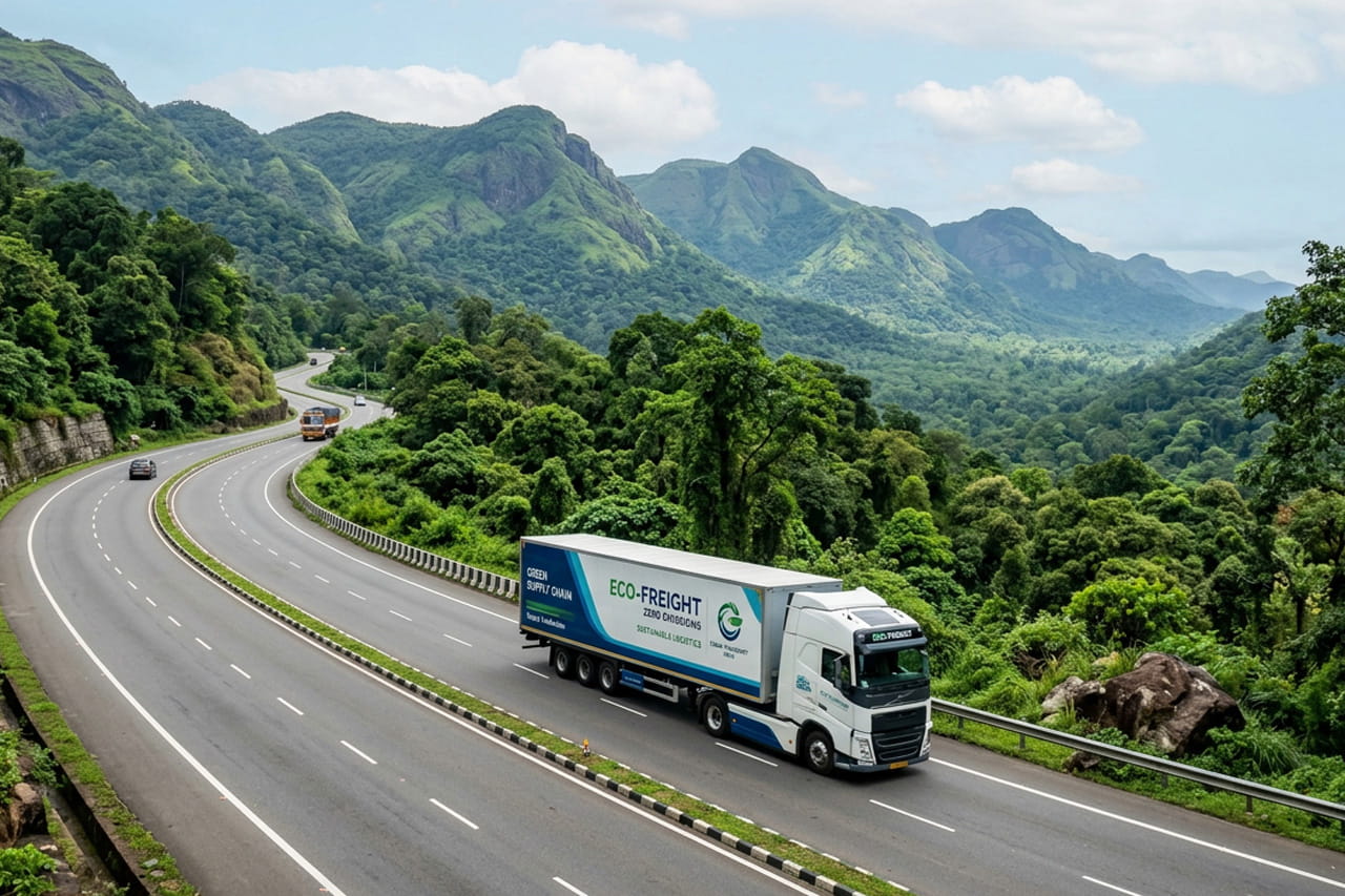 A modern eco-friendly transport truck driving through a lush green mountain landscape, representing sustainable supply chains.
