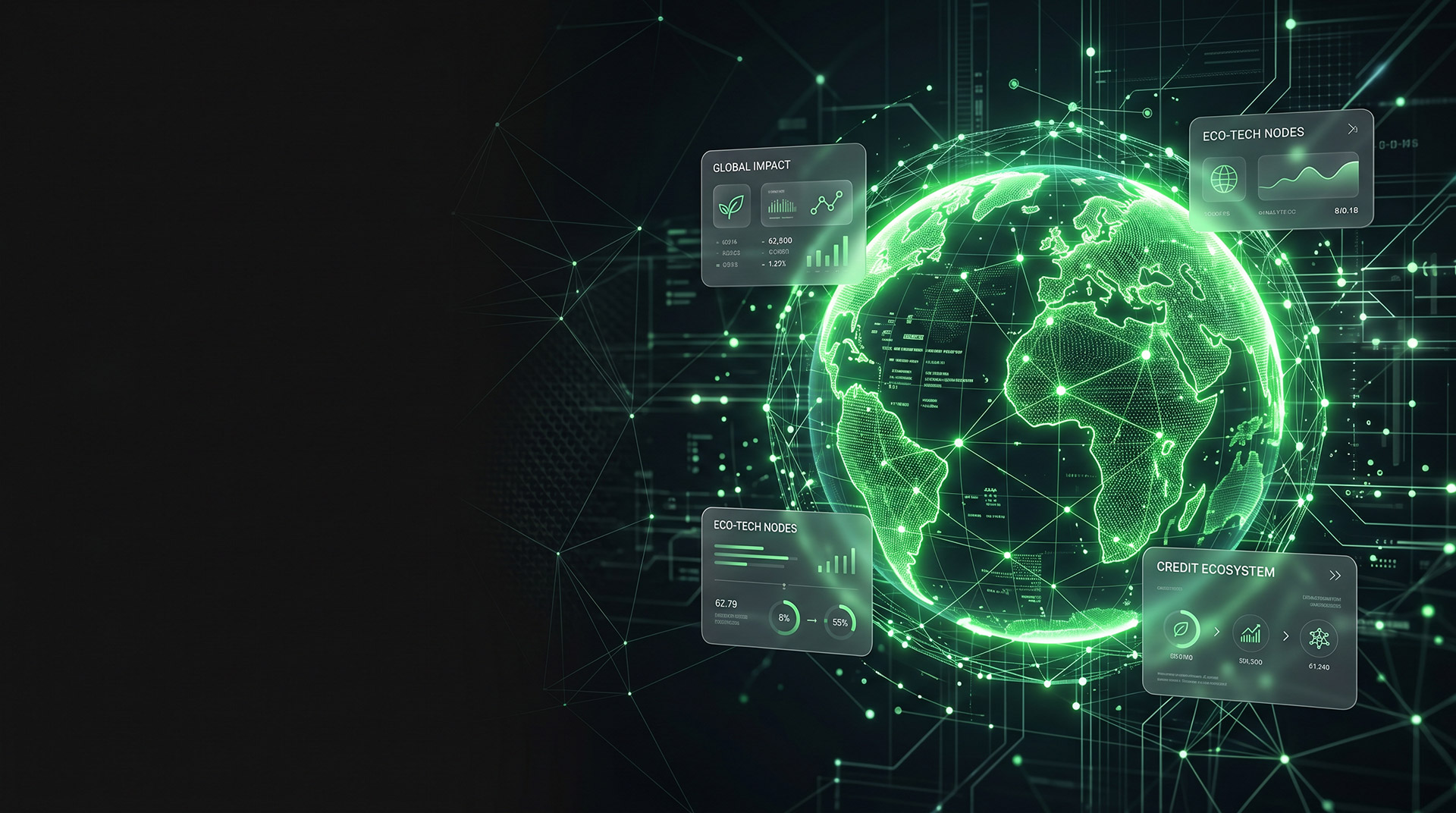 Futuristic Earth globe connected to a digital carbon credit network, symbolizing tech-driven ESG solutions and emission reduction.